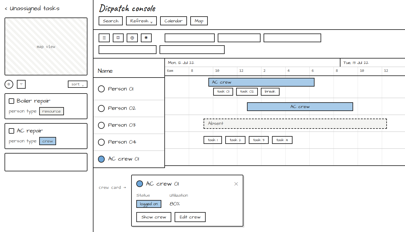 Wireframe — Hide crew toggle with individual and crew rows visible