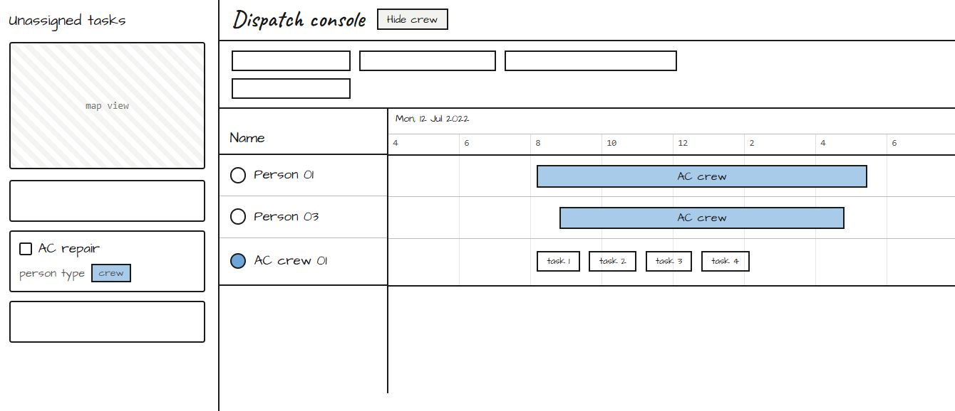 Wireframe — Hover tooltip on crew task showing member schedule detail