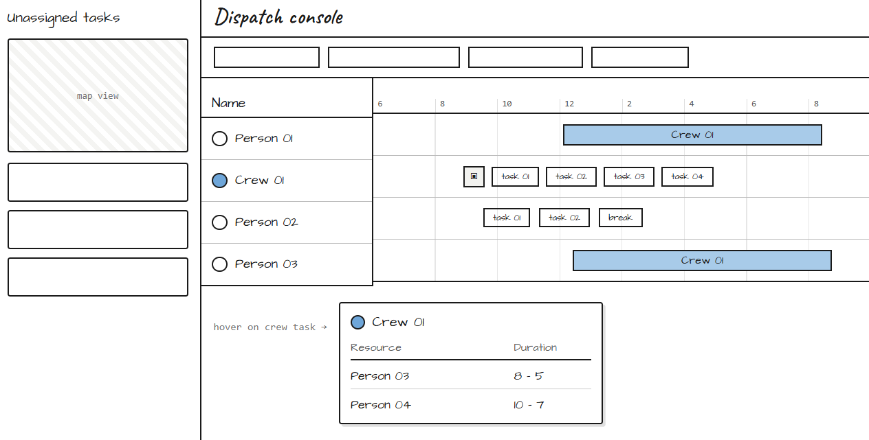 Wireframe — Crew card popover with status, utilisation and actions